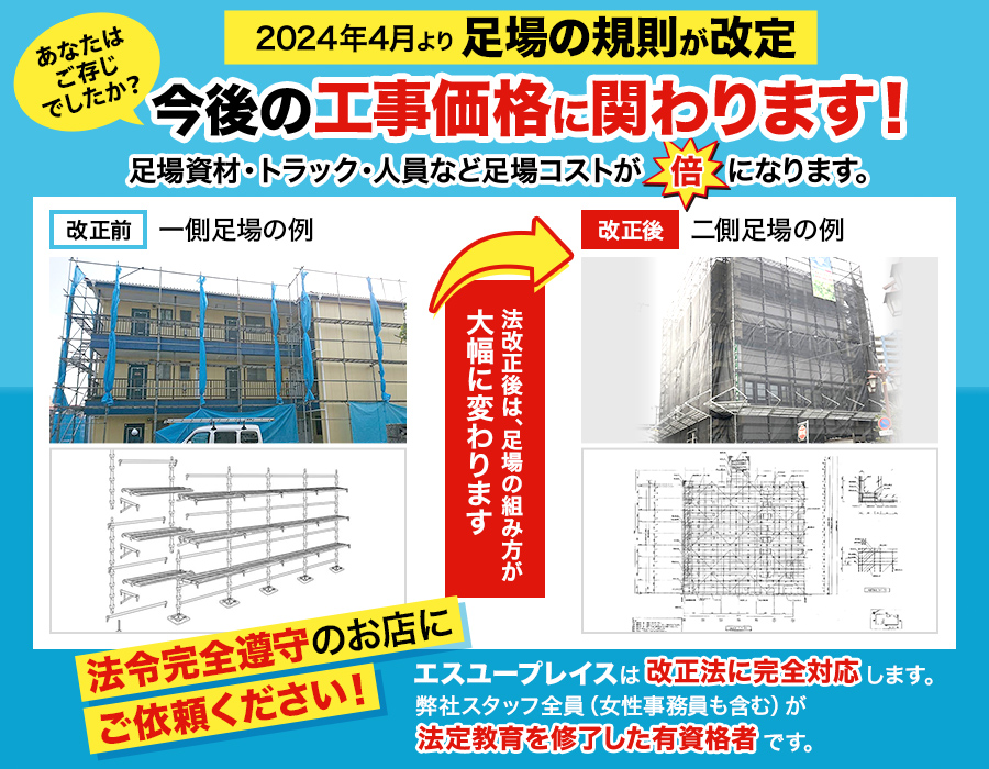 2024年4月より足場の規則が改定 今後の工事価格に関わります！ 足場資材・トラック・人員など足場コストが倍になります