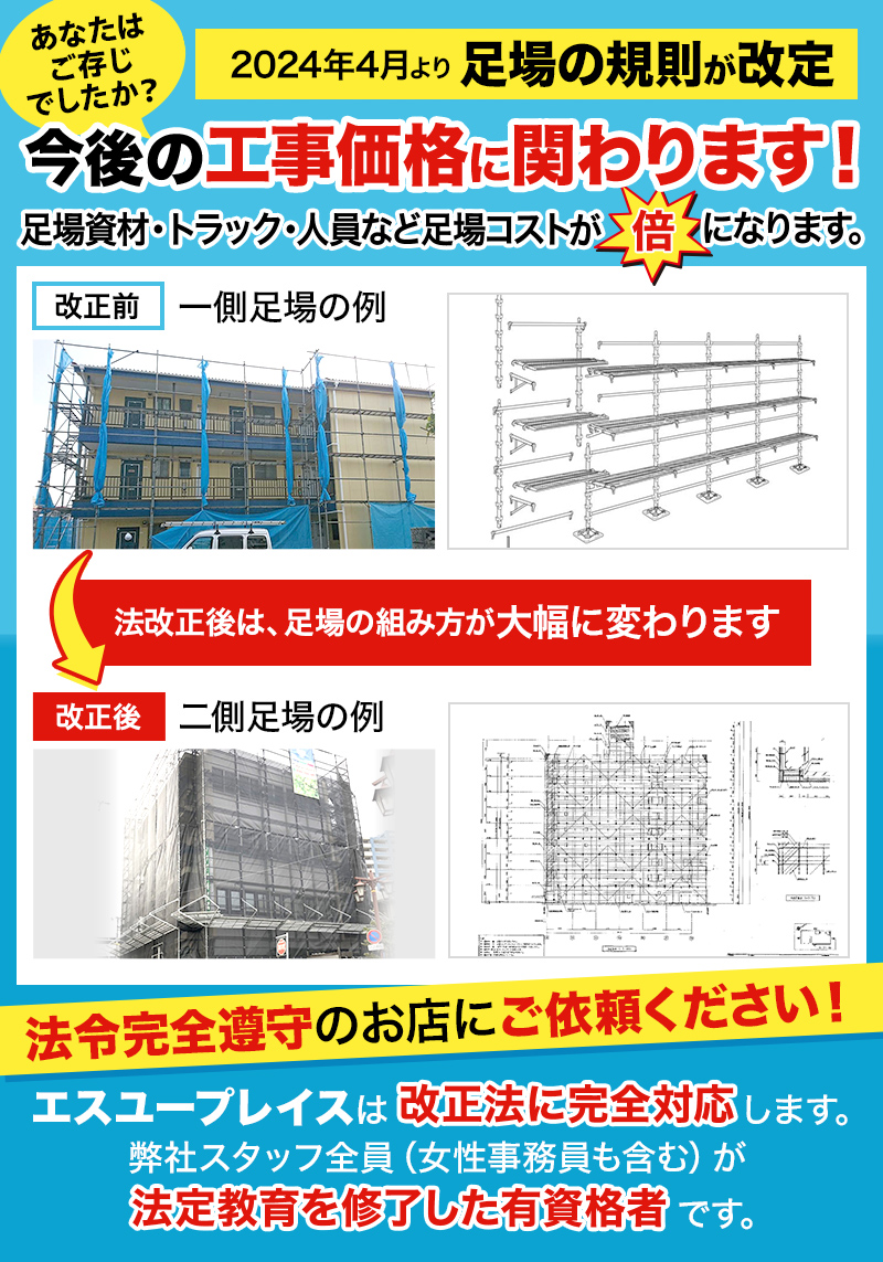 2024年4月より足場の規則が改定 今後の工事価格に関わります！ 足場資材・トラック・人員など足場コストが倍になります